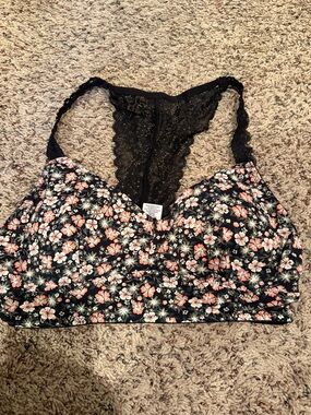 Maurices Black Floral Lace-Back Bralette with Pink & White Flowers